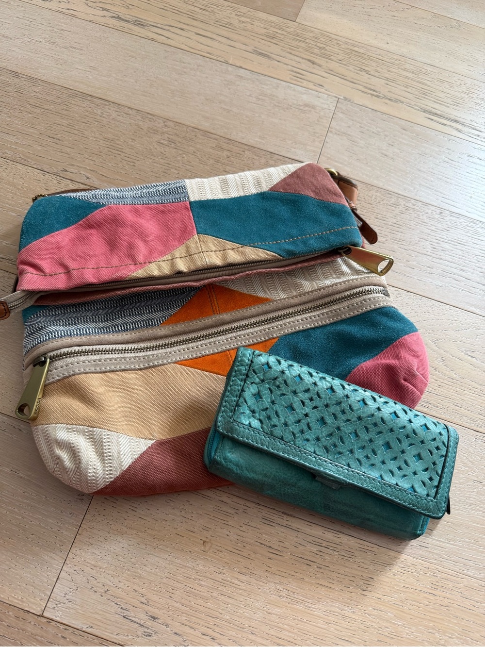 Vintage fossil suede leather Foldover messenger bag and wallet | color block